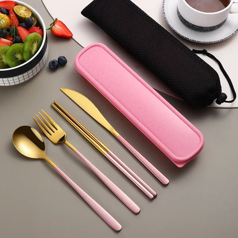 Portable Travel Utensils Set with Case Stainless Steel Knife Forks Spoons Chopsticks for Lunch Box Office Picnic Dinnerware Use